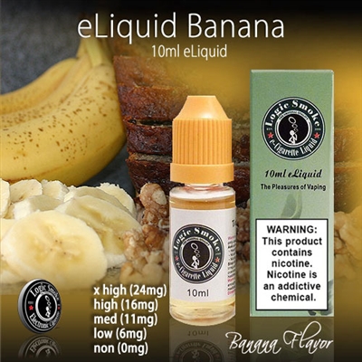 10ml bottle of Banana flavored e-liquid from LogicSmoke, available in 5 nicotine levels. Perfect for vapers looking for a sweet and creamy taste.