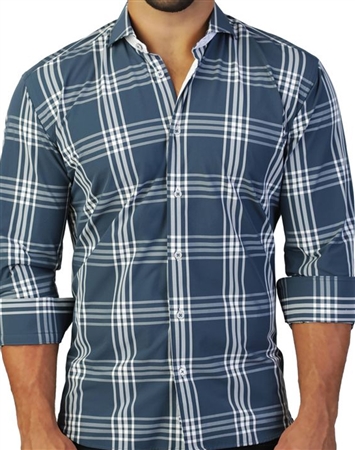 Maceoo Designer Long Sleeve Dress Shirt Blue Plaid