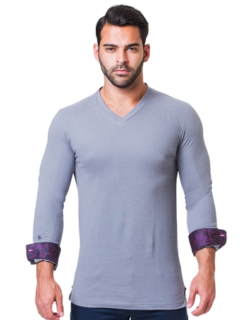 Gray Long Sleeve V-Neck | Designer Grey V-Neck Shirt | Maceoo Lion Collection