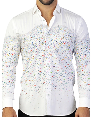 Colorful White Fish Print Dress Shirt
