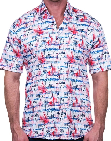 Blue and Red Palm Print Dress Shirt