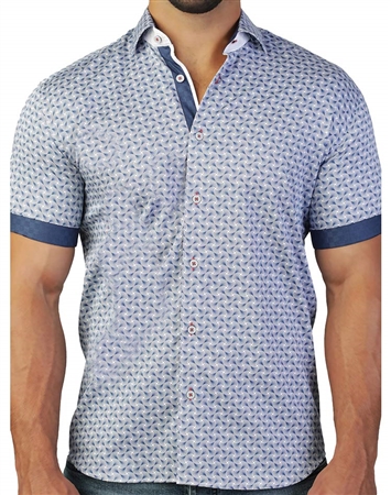 Spectacular Blue Fan Print Short Sleeve Dress Shirt