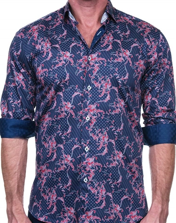 Elegant Royal Blue and Red Floral Dress Shirt