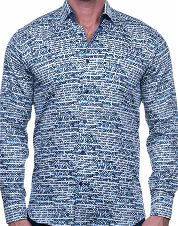 White Blue Text Print Dress Shirt