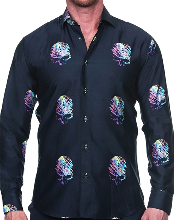 Neon Art Skull Print Dress Shirt