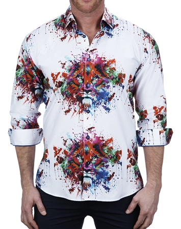 Vibrant Multi Color Splash Lion Face Print Dress Shirt