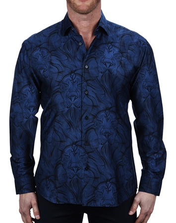 Designer Blue Lion Print Dress Shirt