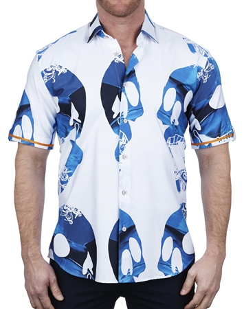 Blue Skull Print Short Sleeve Dress Shirt