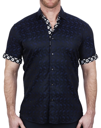 Maceoo Designer Short Sleeve Casual Dress Shirt Blue Flamingo Pattern