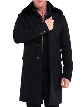 Maceoo Designer Button Front Black Fur Collar Peacoat Solid Black