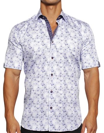 Maceoo Designer Casual Short Sleeve Dress Shirt Blue Floral