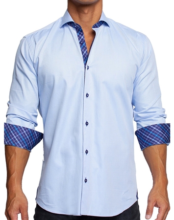 Maceoo Designer Long Sleeve Dress Shirt Blue Interlocking Weave