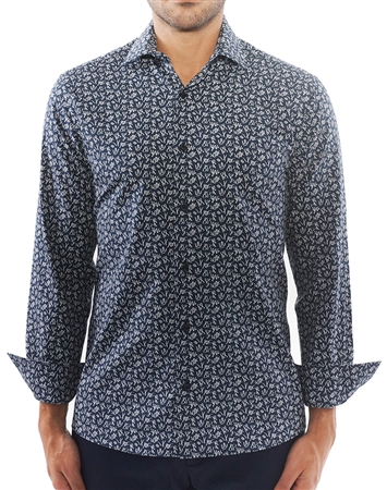 Navy White Print Dress Shirt