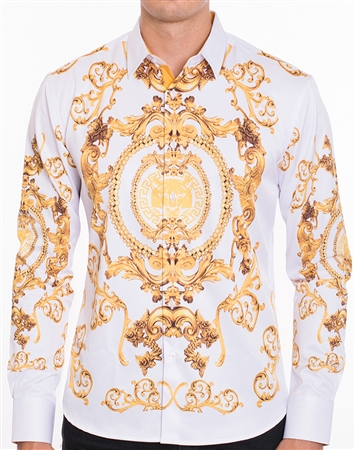 Luxury Sport Shirt - White Gold Crest Print Button Down