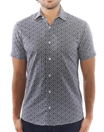 Navy and White Geometric Print Dress Shirt