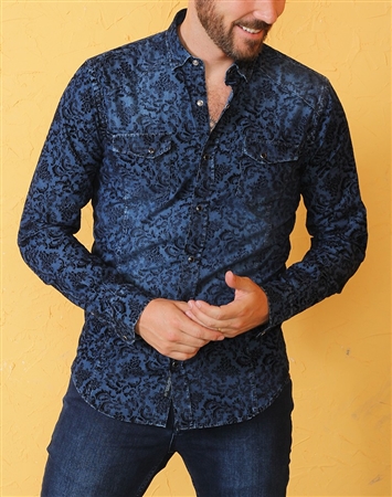 Navy Denim Shirt with Black Flocking Pattern