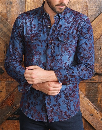 Navy Denim Shirt with Burgundy Flocking Pattern