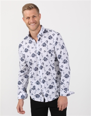 White And Grey Rose Print Dress Shirt