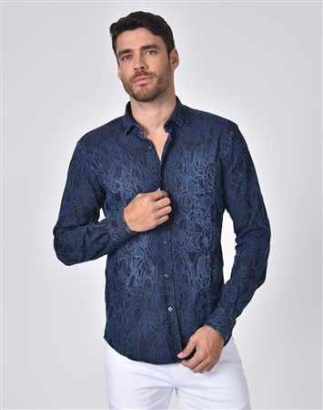 Austere Luxury Denim Tapestry Design Stretch Jacquard Shirt