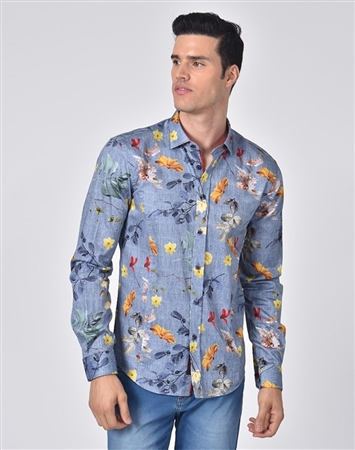 Luxury Sport Shirt - Denim Floral Dress Shirt