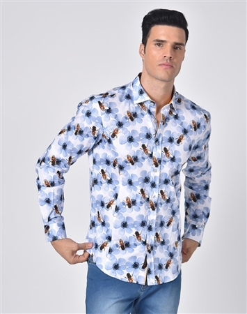 Luxury Sport Shirt - White Bumblebee Floral Print Shirt