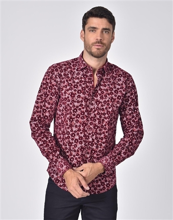 Austere Luxury Floral Flocking On Chevron Print Shirt