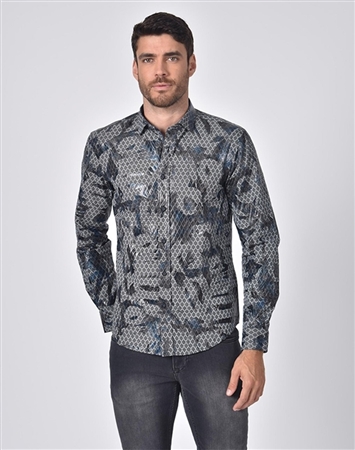 Austere Luxury Snake Print Foil Jacquard Shirt With Navy Trim