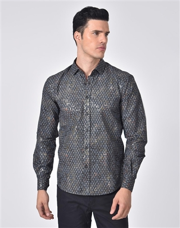 Austere Luxury Grid And Vine Print Foil Jacquard Shirt