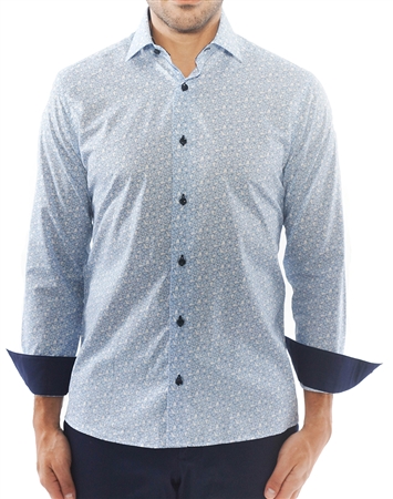 Elegant Blue Leaf Print Dress Shirt