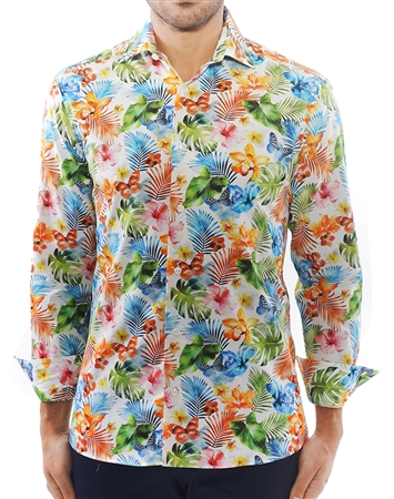 Sporty White Floral Dress Shirt