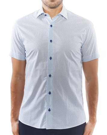 White Blue Sun Print Dress Shirt | Short Sleeve