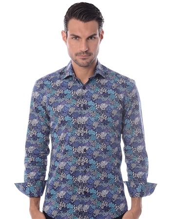 Navy Turquoise Floral Dress Shirt