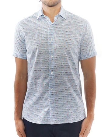 White Blue Geometric Print Shirt | Designer Short Sleeve Woven