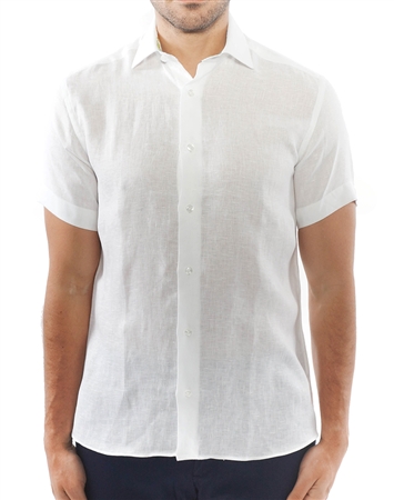 Elegant White Short Sleeve Linen Dress Shirt