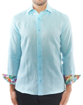 Designer Turquoise Linen Dress Shirt