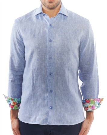 Designer Navy Linen Dress Shirt