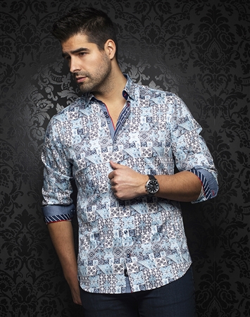 Chic Blue Tribal Print Shirt: Alfonso-light-blue