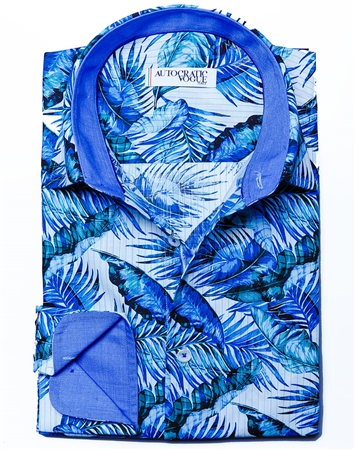 Blue Green Leaf Print Button down