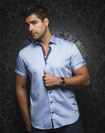 Designer Short Sleeve Dress Shirt:  Caine Light Blue