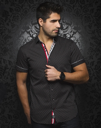 Black White Dot Short Sleeve Dress Shirt