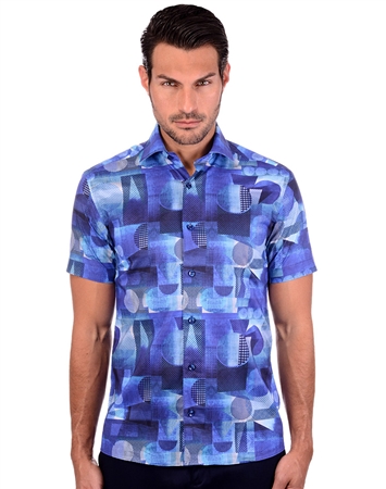 Intense  Blue Geometric Short Sleeve Dress Shirt