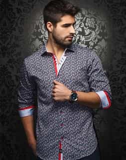 Designer Shirt: Men Red European Floral Dress Shirt