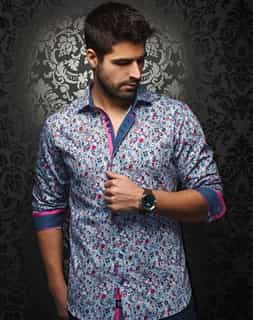 Designer Shirt: Men White Fuchsia Floral Shirt