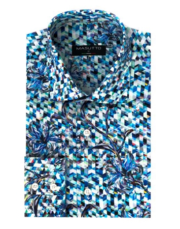 Men's Designer Dress Shirt - Geometric Blue Prism Print Dress Shirt