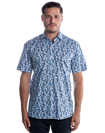 Short Sleeve Luxury Dress Shirt - Blue Floral Button Down