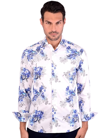 Flowering White And Blue Cotton Shirt