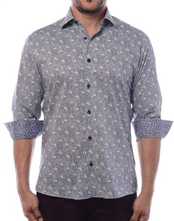 Men's Designer Dress Shirt - Sporty-Elegant Light-Grey Leaf And Polar Bear Print Shirt