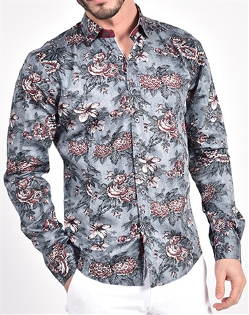 Oxblood Couture Hatching Bouquet Print Shirt|Eight-x Luxury Long Sleeve Dress Shirt