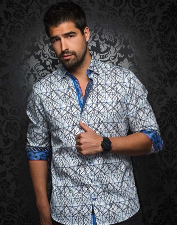 Luxury Sport Shirt - White Royal Geometric Check Dress Shirt