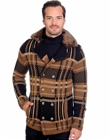 Camel And Black Men's knit Cardigan sweater